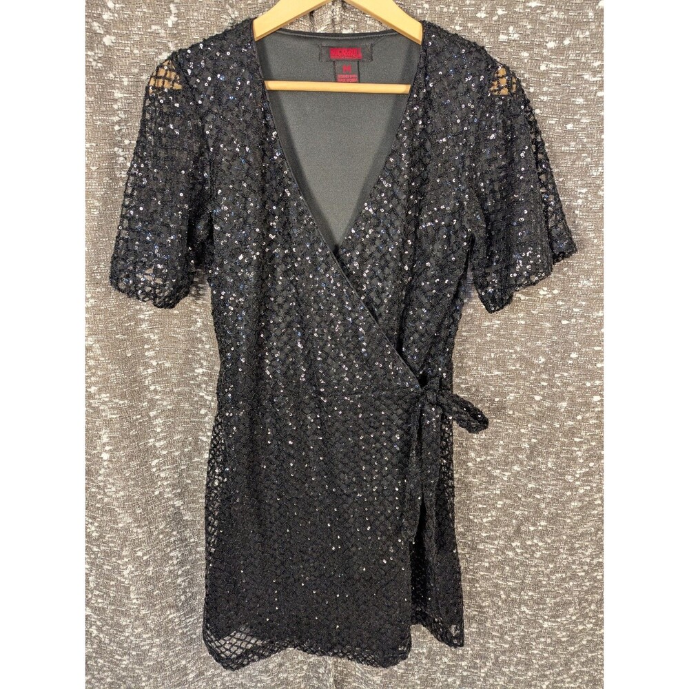 Rock and Roll Denim Black‎ Sequin Wrap Dress Women's Medium Sheer Sleeves